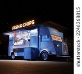Small photo of Foodtruck, London (UK), 2020.01.19 - An old food truck is selling fish and chips near Jubilee Gardens in London