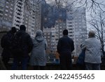 Small photo of Kyiv, Ukraine - February 7th 2024 - In the early hours Russia launched missile attacks to Kyiv, local officials reported. Rescuers work at the site of a damaged building after a missile strike.