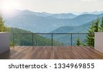 Balcony view of  mountains. Landscape. Sunny Day. Terrace with a beautiful view. Background with beautiful landscape.