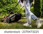 Small photo of Concept of gardening, work, nature. Housework, gardening and country life. Home garden grass cutting woman mowing with lawn mower. Detail of lawn mower. Сutting grass in backyard. Sunny autumn day.