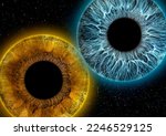 Two different beautiful eyes in cosmic explosion style on the black background 
