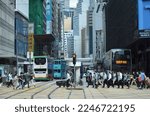 Small photo of Hong Kong - October 2016: Just another busy morning in downtown, morning, whereby street packed with traffic, and crowds
