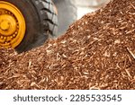 Small photo of Biomass fuel for combustion in a thermal power plant. A pile of wood chips, in the background a part of a yellow large wheel of a loader for its transport. Solid Biomass energy source."