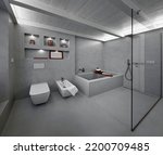 Small photo of modern bathroom interior covered in grey resin with tub and shower in masonry, a glass wall separates their from the entrance door separates