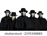 Small photo of Disease and Fear. Plague Doctor Masks group, traditional costume invented in the 17th century and historical character of Venice Carnival (isolated on white background)