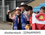 Small photo of Eastleigh FC Traveling Fans before the match against FC Halifax Town at The Shay Stadium in Halifax, England on April 29th 2023.