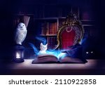 Small photo of Magical opened book in the library with cute animals. The spell book is on the desk and casting soft light. Perfect for a backdrop, background