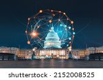 Small photo of Front view, Capitol dome building at night, Washington DC, USA. Illuminated Home of Congress and Capitol Hill. Decentralized economy. Blockchain, cryptography and cryptocurrency concept, hologram