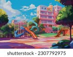 Digital painting with acrylic paint, Large playground in city park,  Panorama of urban area for children