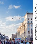 Small photo of MOSCOW, RUSSIA - September 07, 2019. Two funambulists over Tverskaya street. Street festival and different leisure activities on Moscow Day celebration.