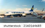 Small photo of Kyiv, Italy - 10 Dec, 2021: Boeing 737-800 of Ryanair take off from Airport during sunny cloudy day. Ryanair is the Irish low cost company. Stock photo