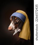 Small photo of funny photo parody portrait of a dachshund dog with a pearl earring