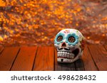 Halloween Dia De Los Muertos Celebration Background With Sugar Skull. Wide Shot Selective Focus With Copy Space.