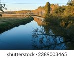 Small photo of Olona river panorama landscape trees color leaves green yellow banks water Po Valley nature natural naturalistic Italy Italian