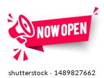 Vector Illustration Red Banner now open With Megaphone. Web Element.