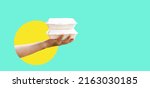 Small photo of Art collage digital pop modern art.Hand holding to go food box.Delivery service,Takeaway, Food delivery.Rider deliveryman holding go box food takeaway.Delivering Food.Package mockup brand.Service app.