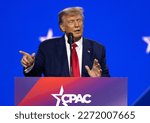 Small photo of National Harbor, MD US - Mar 4, 2023: Former US President Donald J. Trump makes remarks at the 2023 CPAC. Credit: Ron Sachs - CNP