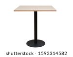 Square wood table, with black metal single leg. 