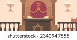 Synagogue Interior, Ornate With The Ark, Bimah And Torah Scrolls At The Center. Decorated With Religious Symbols