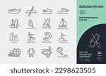 Beach Watersports Icon collection containing 16 editable stroke icons. Perfect for logos, stats and infographics. Edit the thickness of the line in any vector capable app.