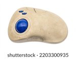 Small photo of old dirty trackball mouse om white background