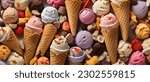 Small photo of Various of ice cream flavor in cones blueberry ,strawberry ,pistachio ,almond ,orange and cherry setup on dark stone background . Summer and Sweet menu concept.
