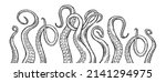 Octopus tentacles reaching upwards, squid-like marine animal body parts protruding from out of frame, cut for food or frame design, cartoon sketch vector illustration. 