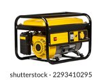 Small photo of Yellow and black portable electric gas generator isolated on white for backup energy. High quality photo