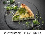 A piece of vegetable quiche with broccoli and cheese. Vegetarian pie.