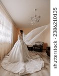 Small photo of The bride in a long, voluminous wedding dress poses in her room. The veil is thrown into the air. Long train. Portrait of the bride. Open shoulders and neckline.