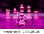 Small photo of creative photo of the promotion of pawn with led and smoke purple pink. vertical photo with subject close. career, leadership. king, queen, knight, bishop, rook