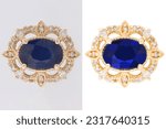 Small photo of A comparison of a blue and gold brooch jewelary retouch.
