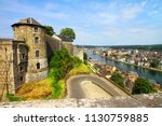 Namur, Belgium, July 22, 2016. The view of the mighty tower of Namur citadel and town with its bridges, houses, churches, Sambre and Meuse rivers. Namur is capital of province of Namur and of Wallonia