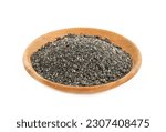 black sesame powder isolated in wood plate on white background. pile of black sesame powder isolated. heap of black sesame powder isolated                                     