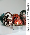 Hand painted Easter eggs. Traditional Easter decorations made by folk craftsmen from Bucovina, Romania. Painted Easter models, the sign of the cross and. Bunny decoration. Happy Easter