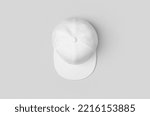 White snapback cap mockup on a grey background.