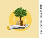 Small photo of saving money for the future, investment ideas, company growth, renewable, environmental development, investment in the environment, hand with coins and growing tree, returns in the future, concept