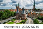 Small photo of Aerial view of the Holsten gate on the western edge of Lubeck north Germany
