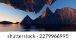 Small photo of 3d render, fantasy landscape panorama with mountains reflecting in the water. Abstract background. Spiritual zen wallpaper with skyline