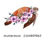 Watercolor Turtle With Flowers. ...