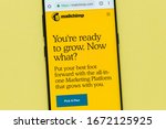 Small photo of KIEV, UKRAINE - FEBRUARY 16, 2020: Close up view of Mailchimp website on the smartphone screen. Mailchimp is an American marketing automation platform and an email marketing service.