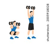 Man doing Dumbbell squat thrusters. squat to overhead press exercise. Flat vector illustration isolated on white background