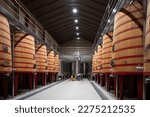 Modern large wooden barrels for wine fermentation process, red and white wine making in La Rioja region, Spain