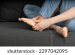 Small photo of Bare Foot Closeup, Teenager Feet, Barefoot Massage, Heels, Legs Pain Concept, Bare Foot