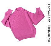 Small photo of Pink knitted wool sweater, as if dancing with arms raised, on a white background, isolate