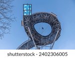 Skywalk wooden observation tower in cold blue sky day in Swieradow Zdroj Poland
