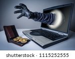 The abstract image of the hacker's hand reach through a laptop screen for stealing bitcoin in a wallet. the concept of cyber attack, virus, malware, cryptocurrency, illegally and cyber security.
