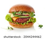 Fresh vegan burger with plant based meat free cutlet isolated on white background