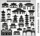 Set of Chinese temples, gates and traditional buildings in black and white