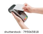 credit card pos terminal with receipt in woman hands isolated on a white background